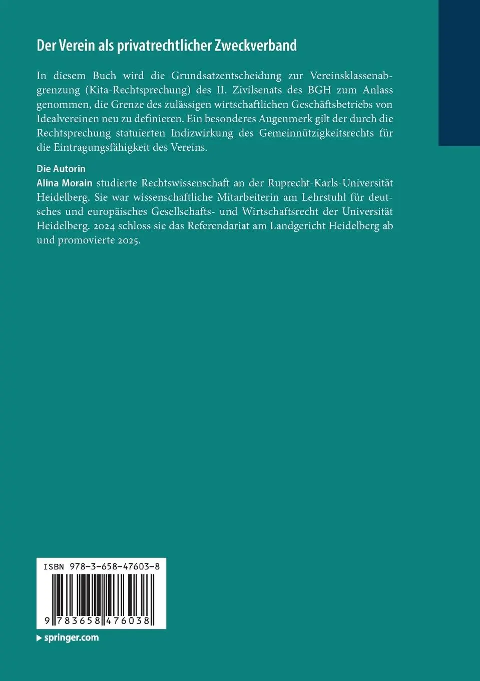 Rückseite: 9783658476038 | Der Verein als privatrechtlicher Zweckverband | Alina Morain | Buch