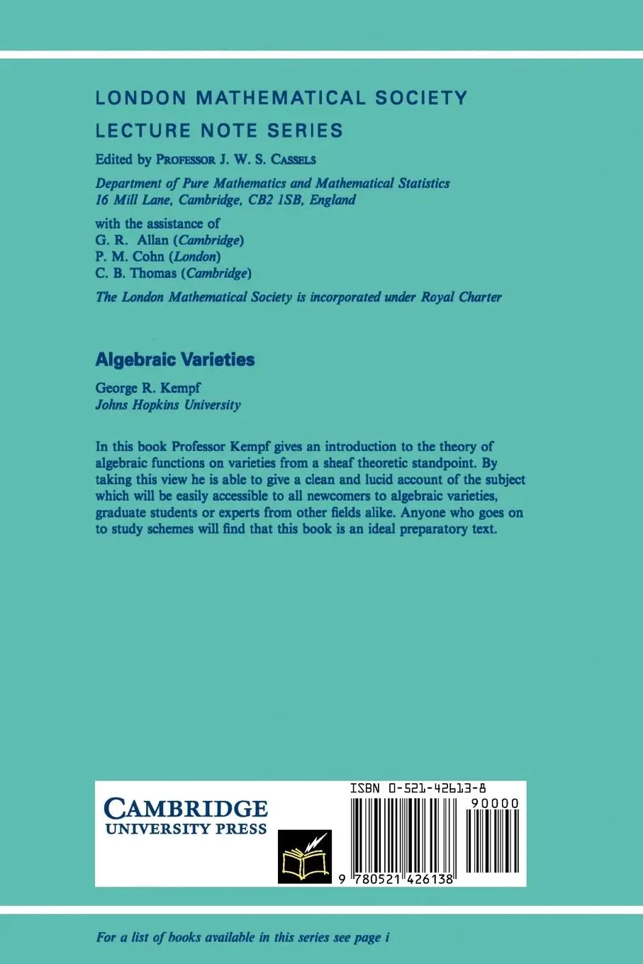 Rückseite: 9780521426138 | Algebraic Varieties | George R. Kempf | Taschenbuch | Englisch | 1993