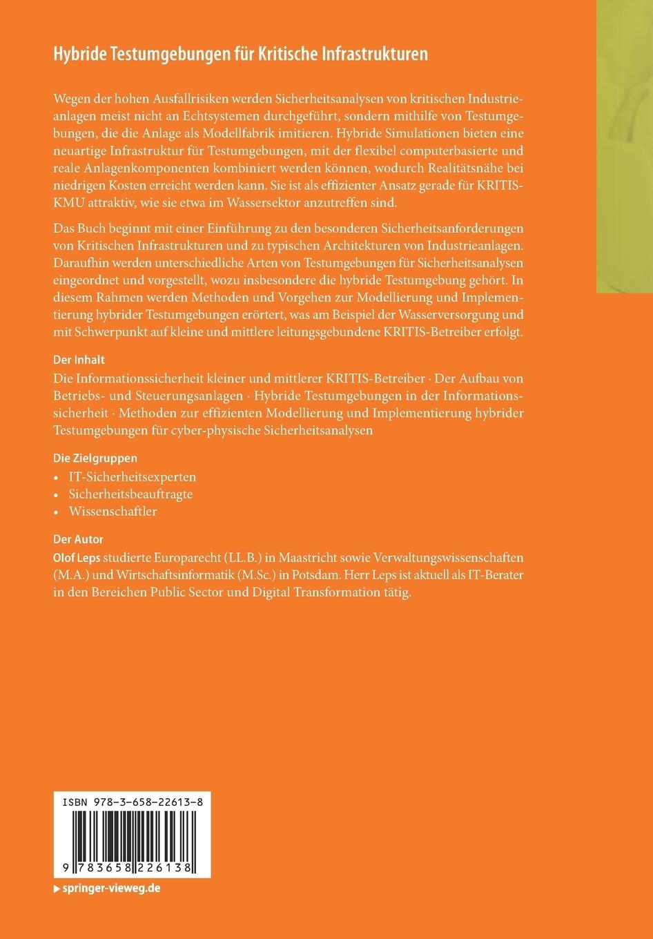 Rückseite: 9783658226138 | Hybride Testumgebungen für Kritische Infrastrukturen | Olof Leps