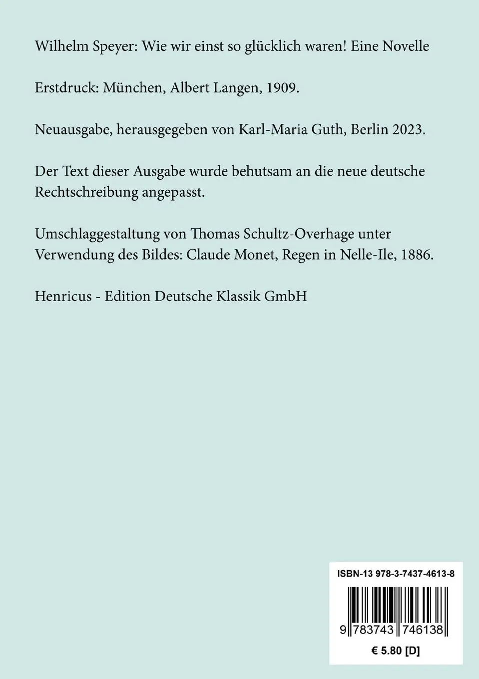 Rückseite: 9783743746138 | Wie wir einst so glücklich waren! | Eine Novelle | Wilhelm Speyer