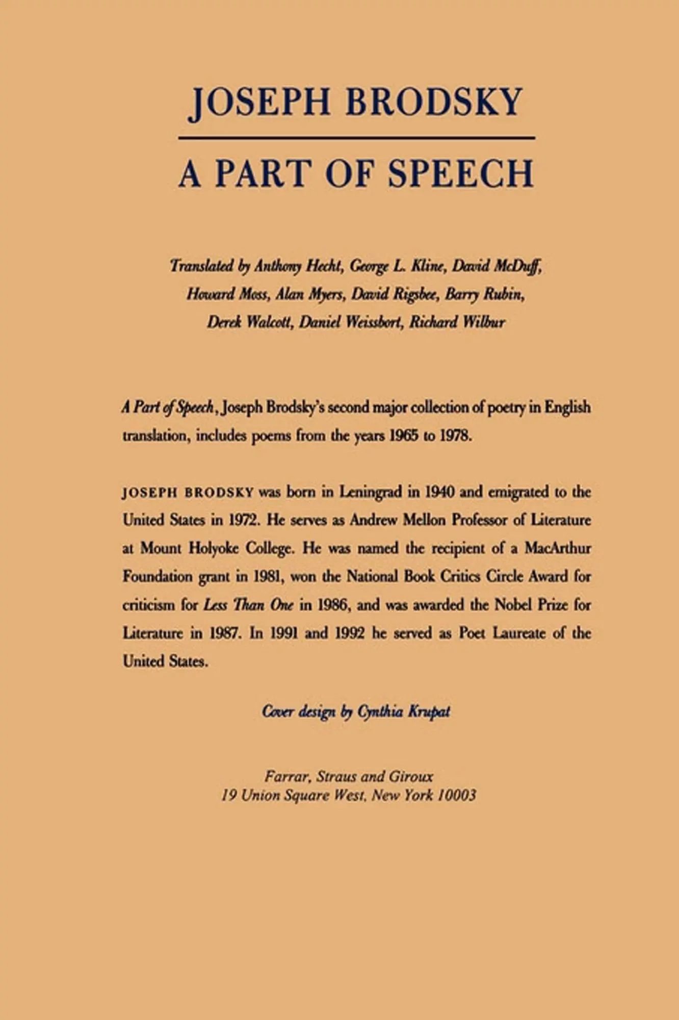 Rückseite: 9780374516338 | A Part of Speech | Joseph Brodsky (u. a.) | Taschenbuch | Englisch