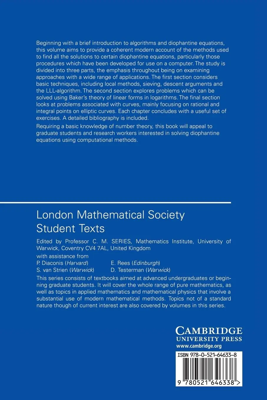 Rückseite: 9780521646338 | The Algorithmic Resolution of Diophantine Equations | Nigel P. Smart