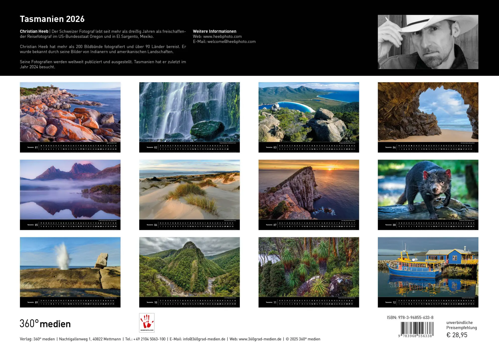 Rückseite: 9783968556338 | Tasmanien Premiumkalender 2026 | Christian Heeb | Kalender | 14 S.