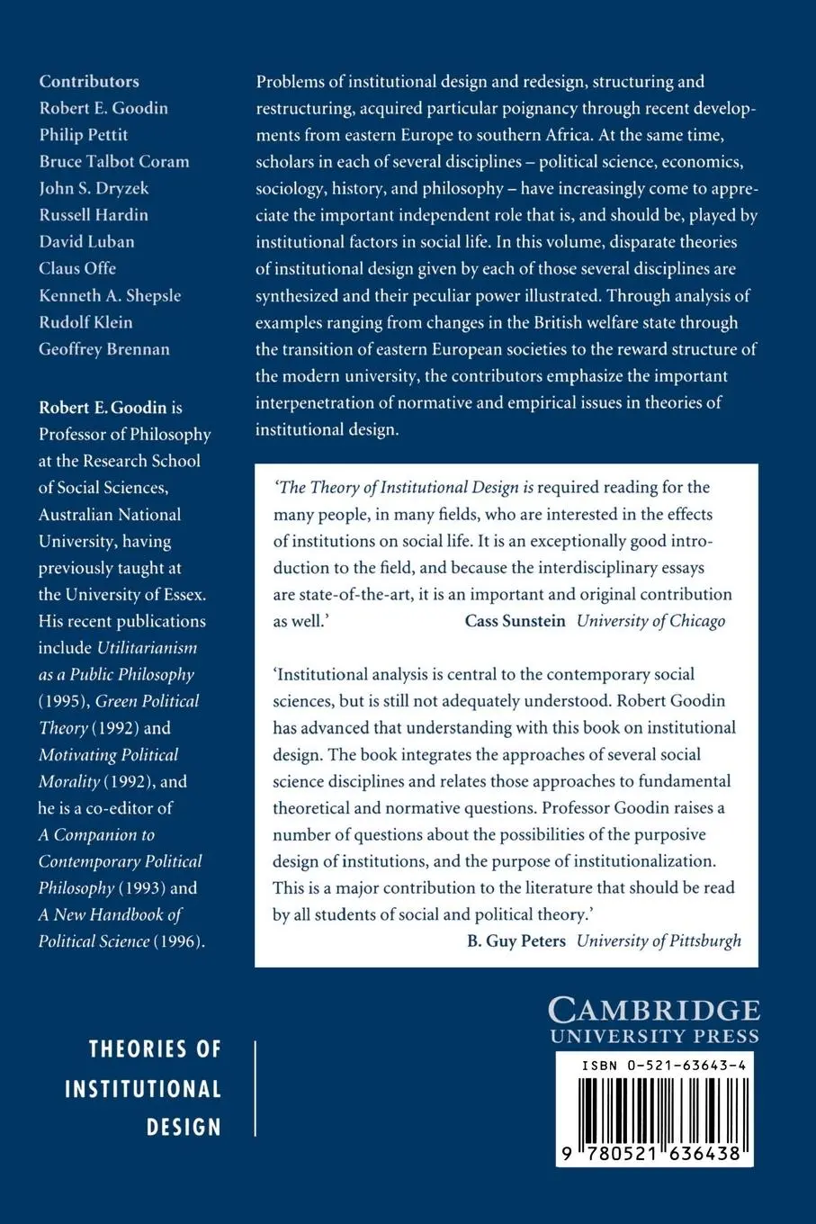 Rückseite: 9780521636438 | The Theory of Institutional Design | Robert E. Goodin (u. a.) | Buch