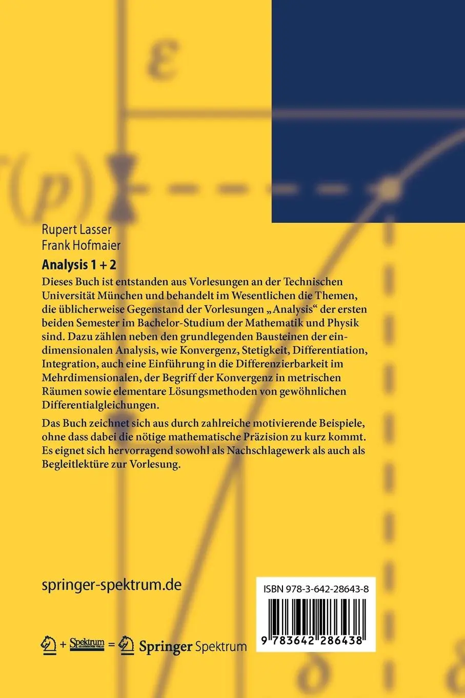 Rückseite: 9783642286438 | Analysis 1 + 2 | Ein Wegweiser zum Studienbeginn | Hofmaier (u. a.)