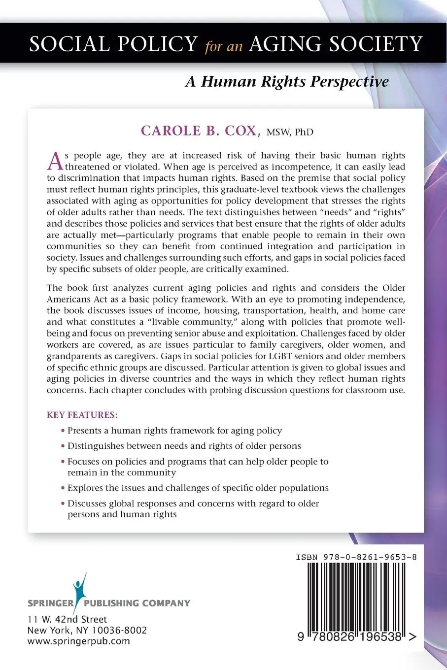 Rückseite: 9780826196538 | Social Policy for an Aging Society | A Human Rights Perspective | Cox