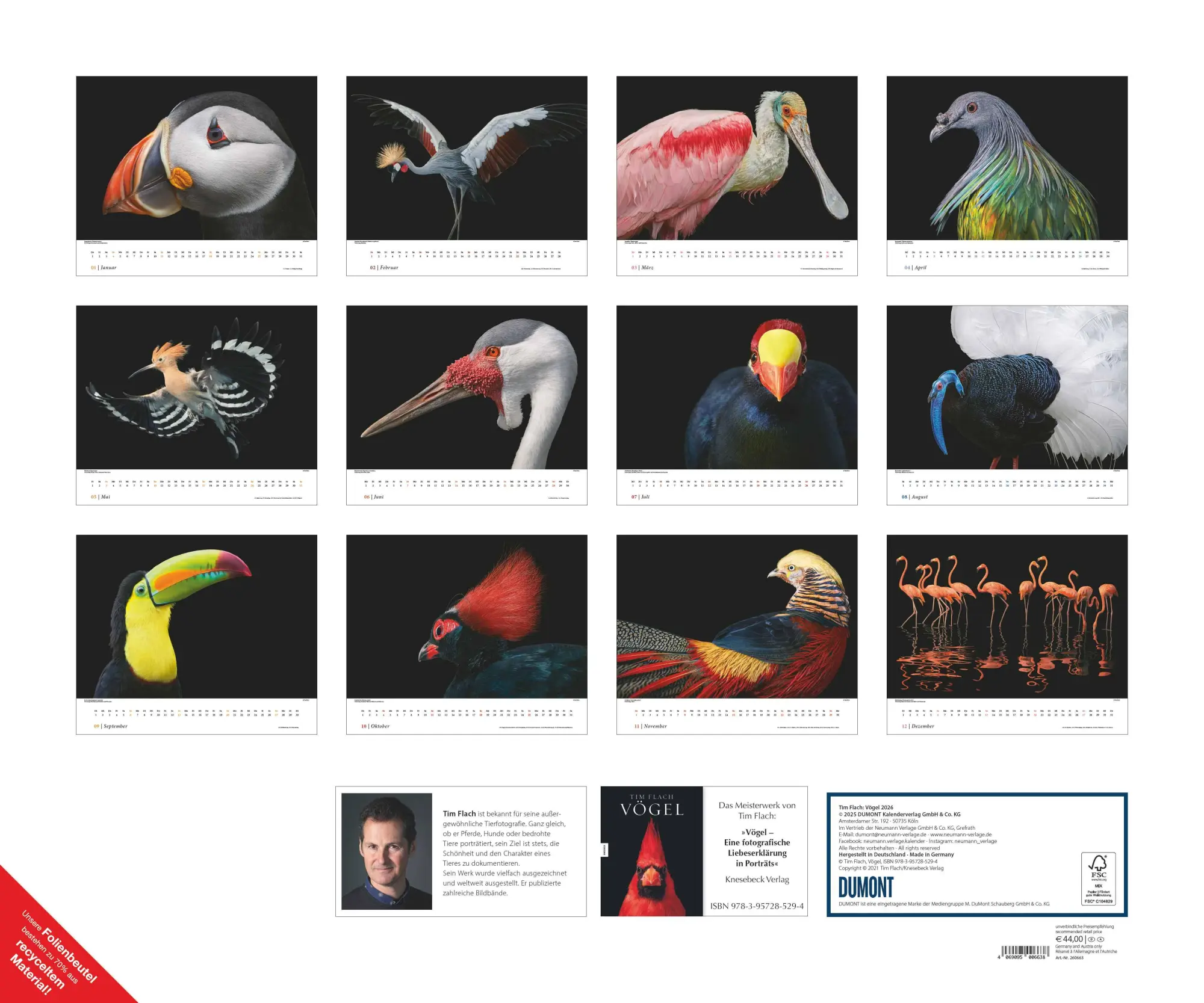 Bild: 4069095006638 | Tim Flach: Vögel 2026 - Posterkalender von DUMONT- Vogel-Porträts...