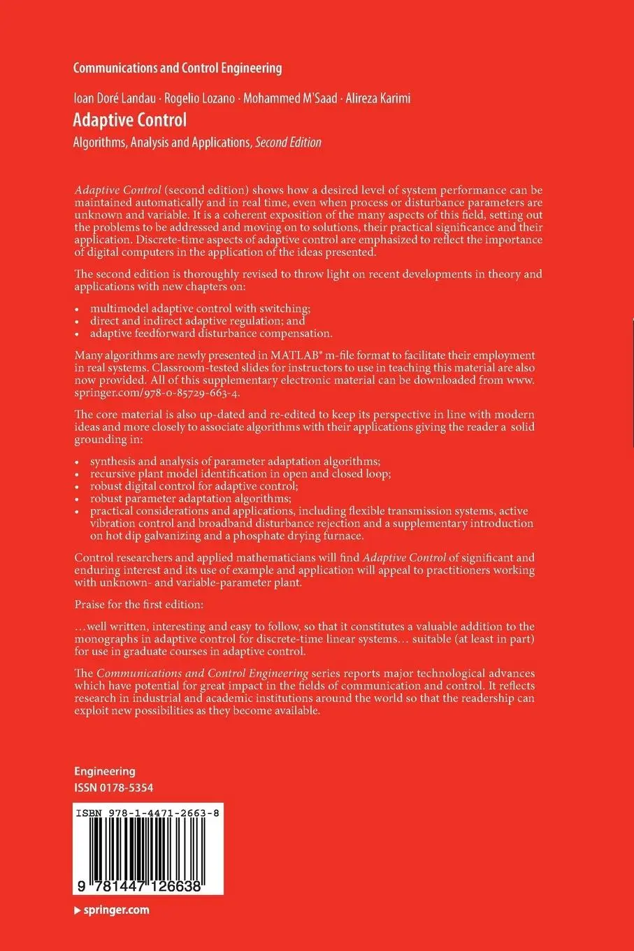 Rückseite: 9781447126638 | Adaptive Control | Algorithms, Analysis and Applications | Taschenbuch