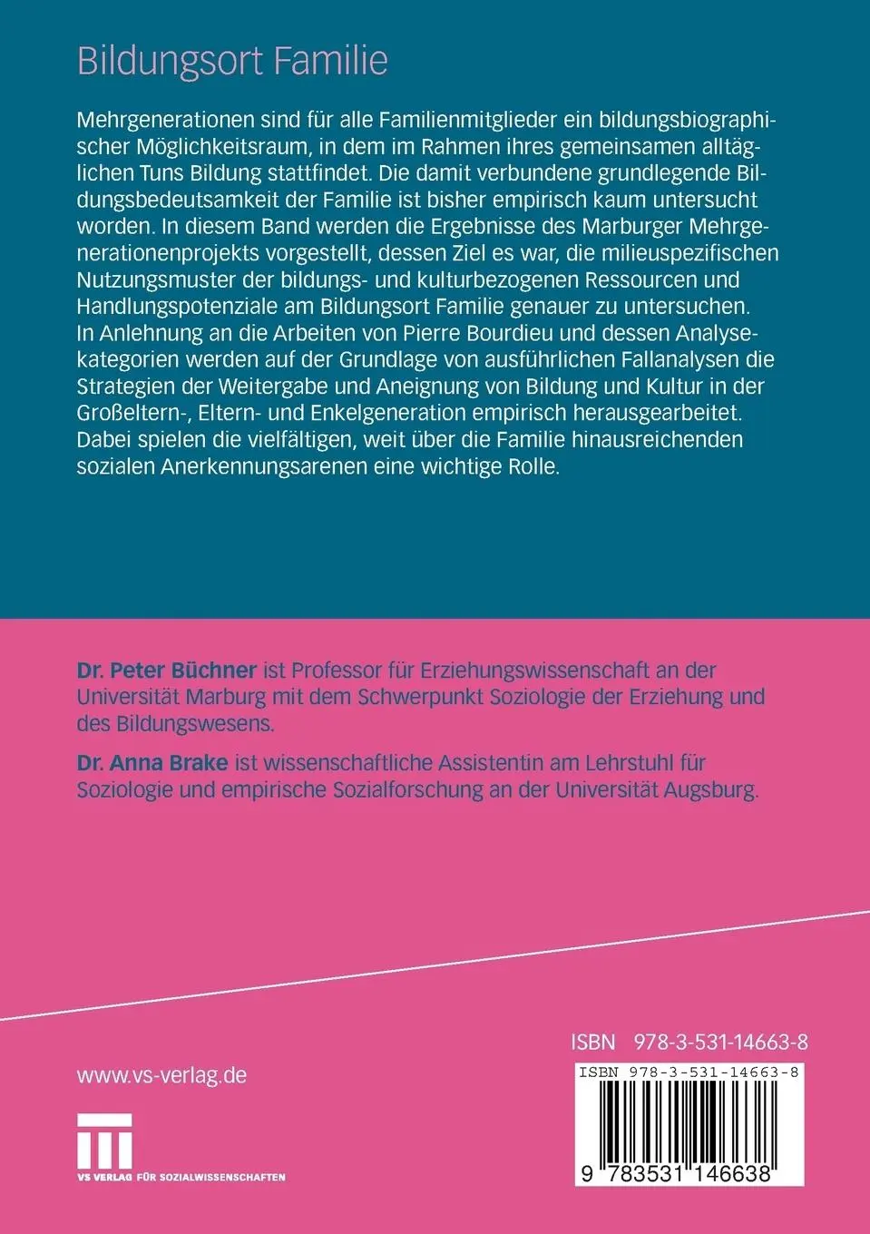 Rückseite: 9783531146638 | Bildungsort Familie | Anna Brake (u. a.) | Taschenbuch | vi | Deutsch