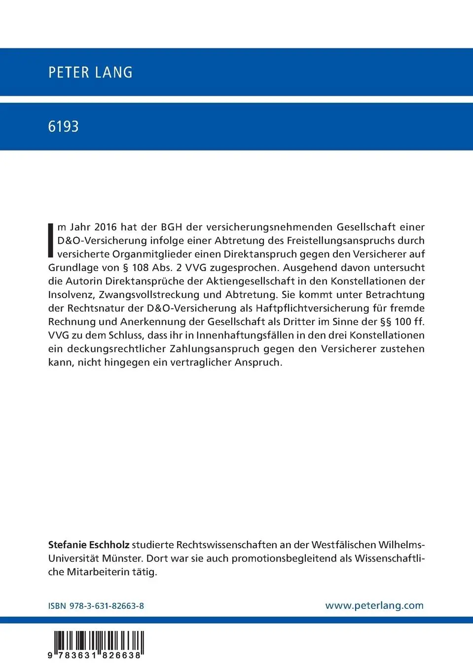 Rückseite: 9783631826638 | Direktanspruch der Aktiengesellschaft gegen den Versicherer in...