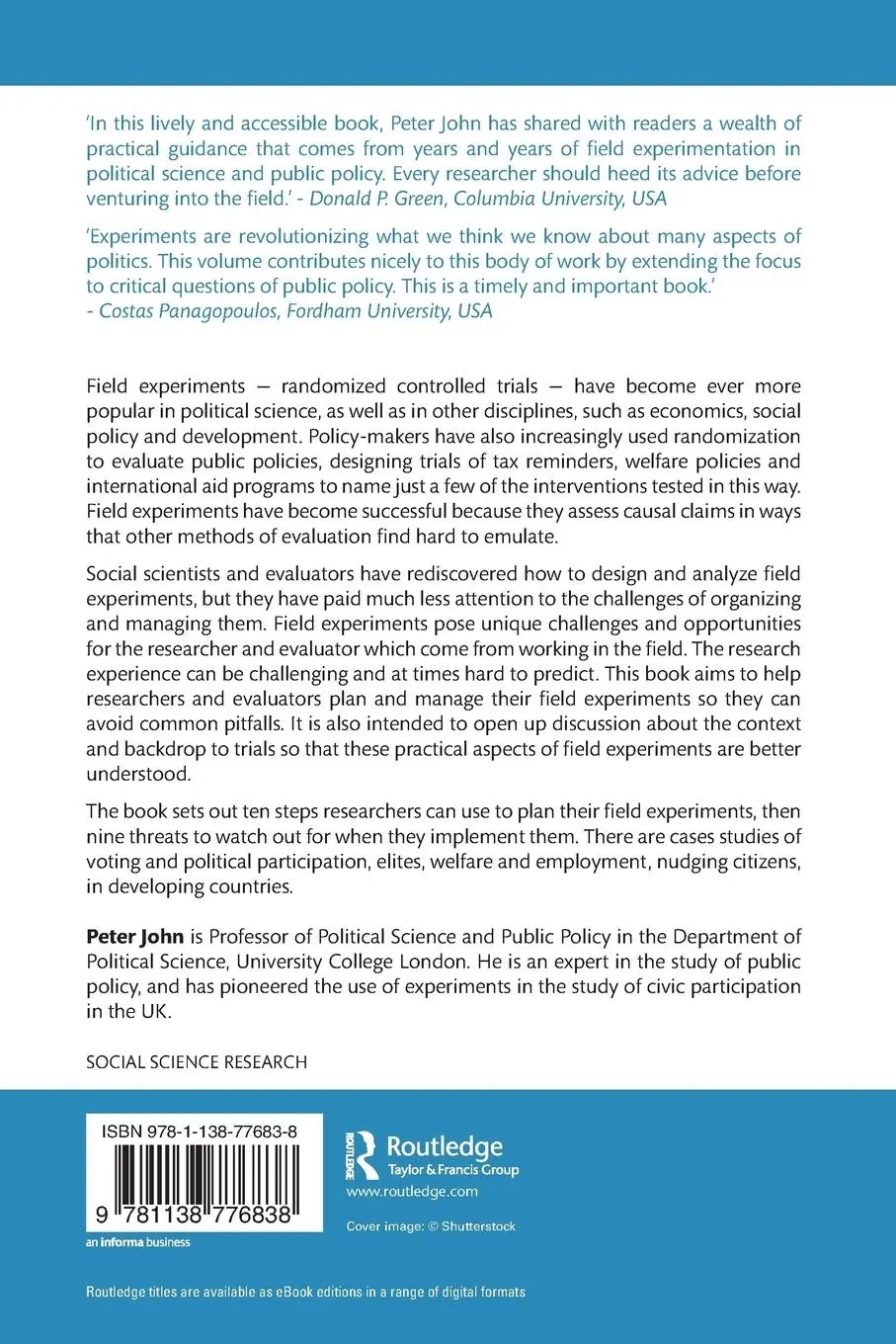 Rückseite: 9781138776838 | Field Experiments in Political Science and Public Policy | Peter John