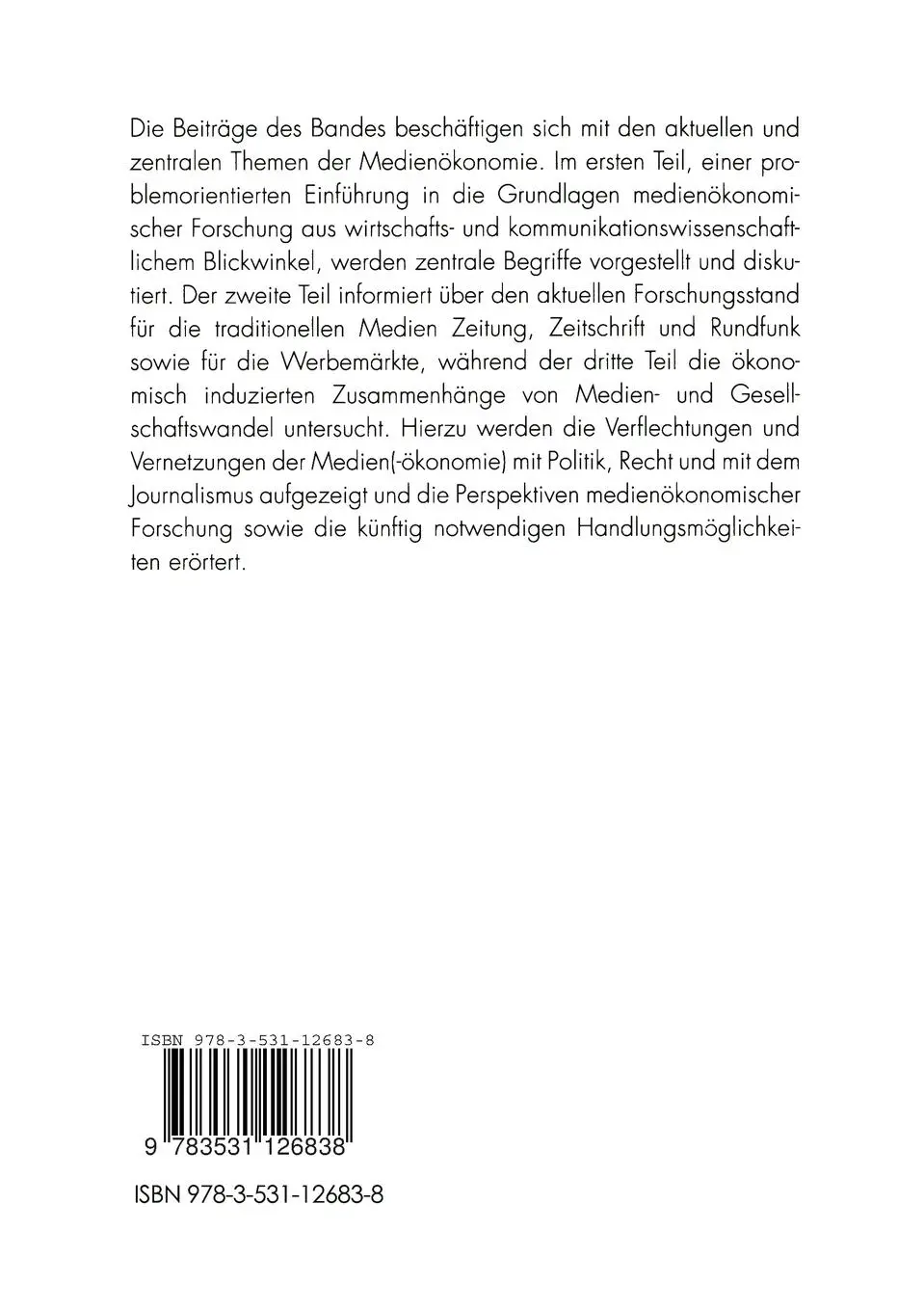 Rückseite: 9783531126838 | Ökonomie der Medien und des Mediensystems | Klaus-Dieter Altmeppen