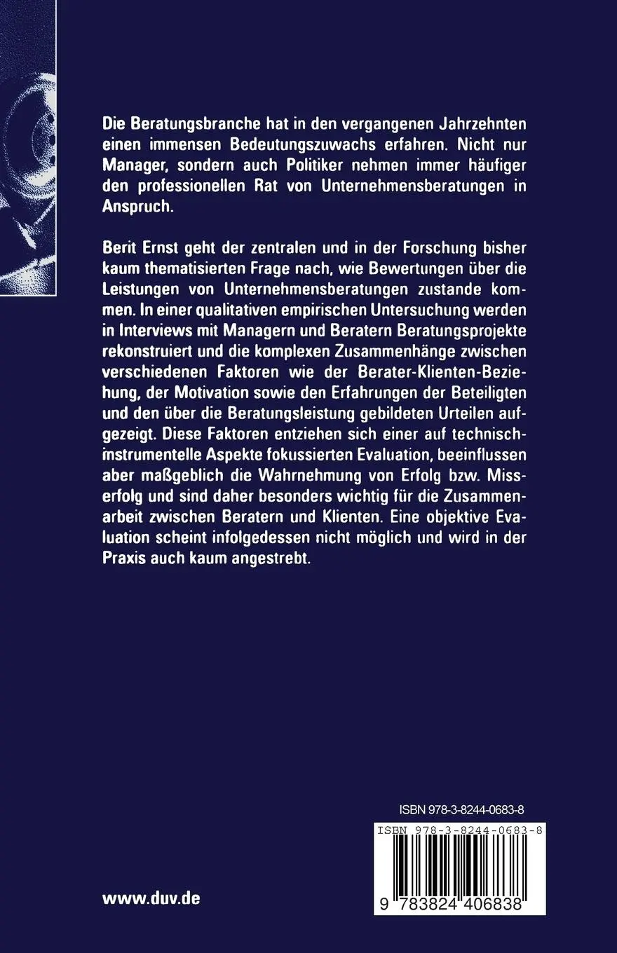 Rückseite: 9783824406838 | Die Evaluation von Beratungsleistungen | Berit Ernst | Taschenbuch