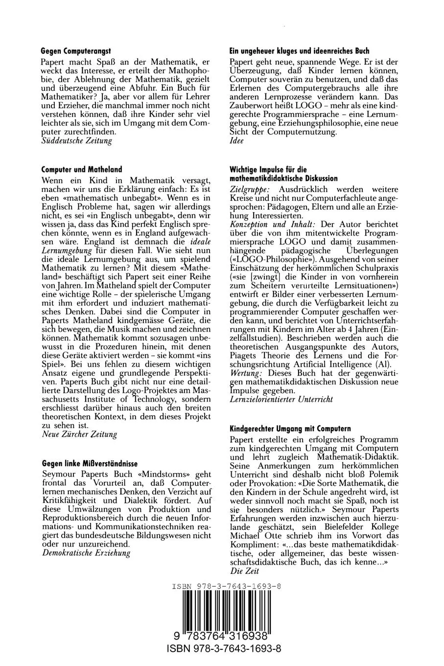 Rückseite: 9783764316938 | Kinder, Computer und Neues Lernen | Papert | Taschenbuch | 276 S.