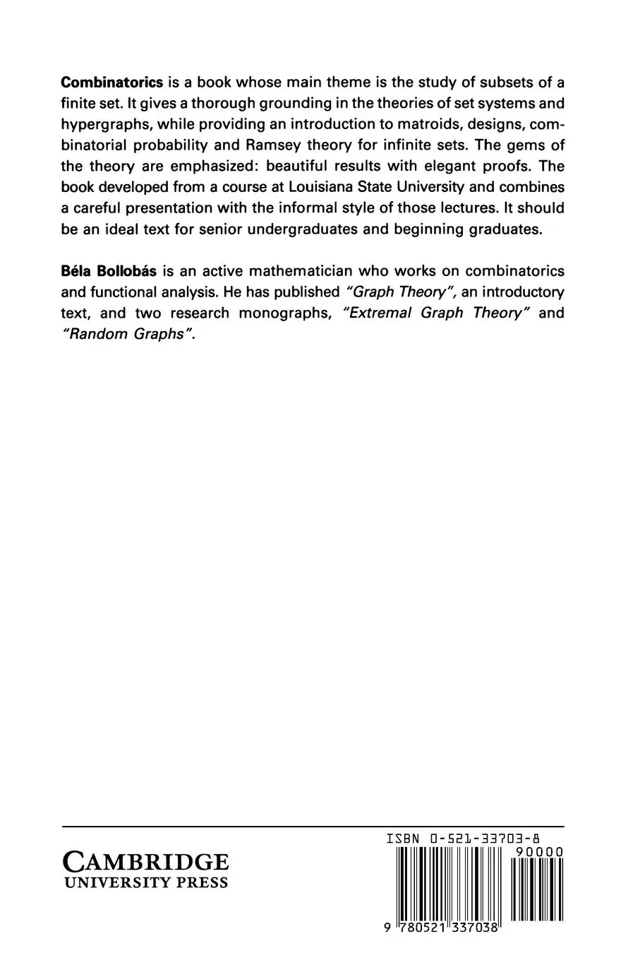 Rückseite: 9780521337038 | Combinatorics | Bela Bollobas (u. a.) | Taschenbuch | Englisch | 1986