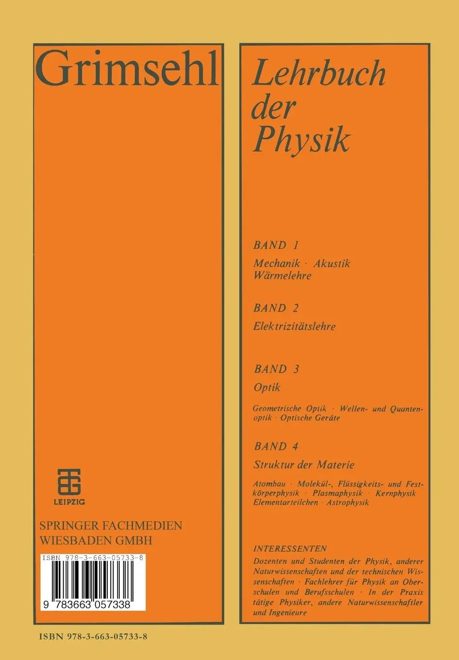 Rückseite: 9783663057338 | Grimsehl Lehrbuch der Physik | Band 1 Mechanik · Akustik · Wärmelehre