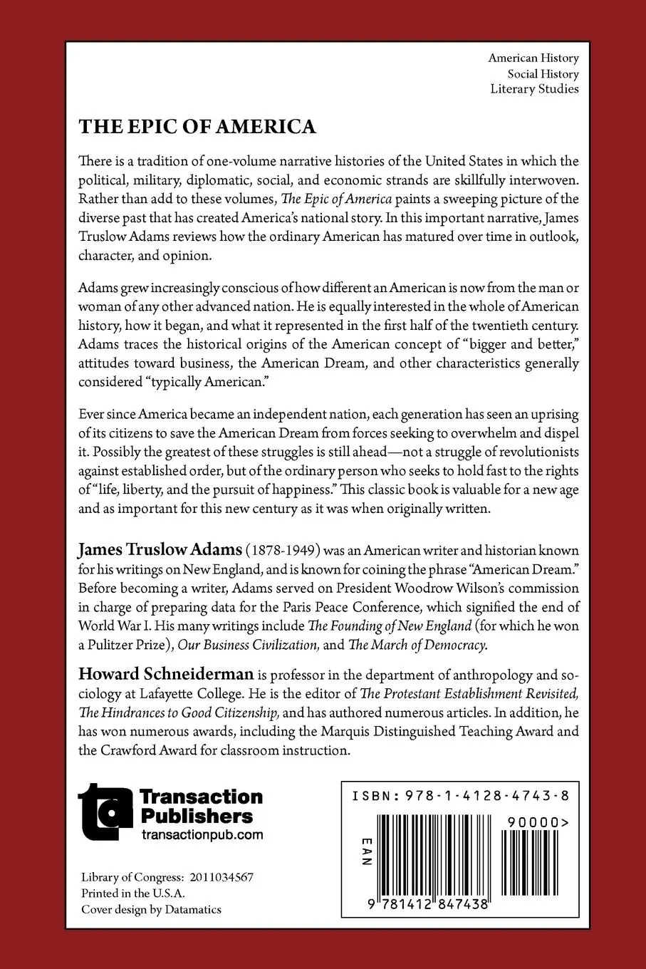 Rückseite: 9781412847438 | The Epic of America | James Truslow Adams | Taschenbuch | Englisch