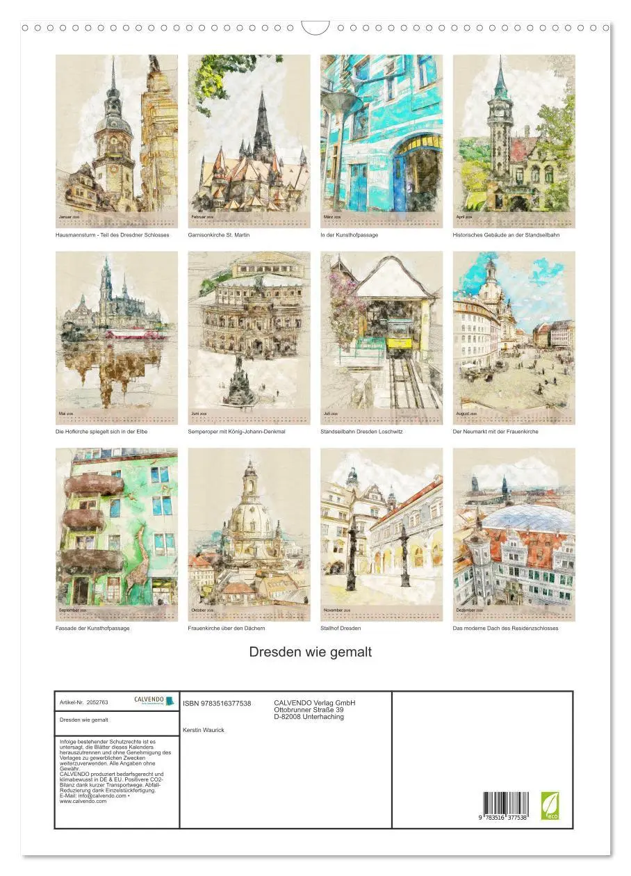 Bild: 9783516377538 | Dresden wie gemalt (Wandkalender 2026 DIN A2 hoch), CALVENDO...