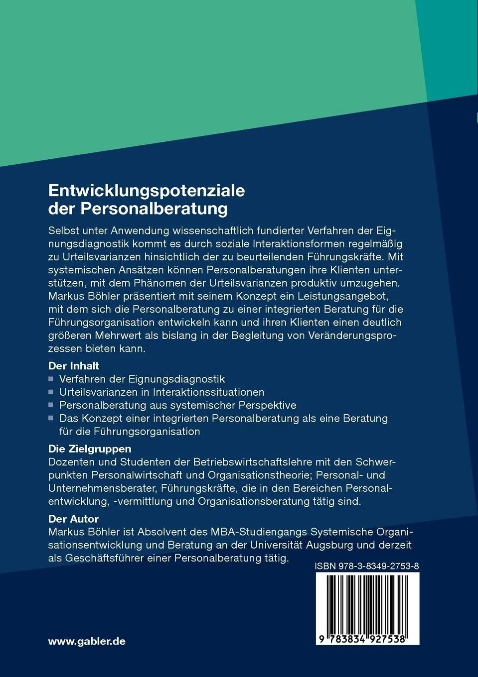 Rückseite: 9783834927538 | Entwicklungspotenziale der Personalberatung | Markus Böhler | Buch