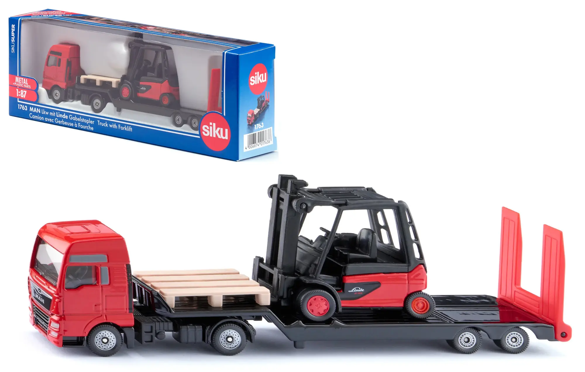 Cover: 4006874017638 | Siku 1763 - MAN LKW mit Linde Gabelstapler, 174x61x31mm, SikuSuper