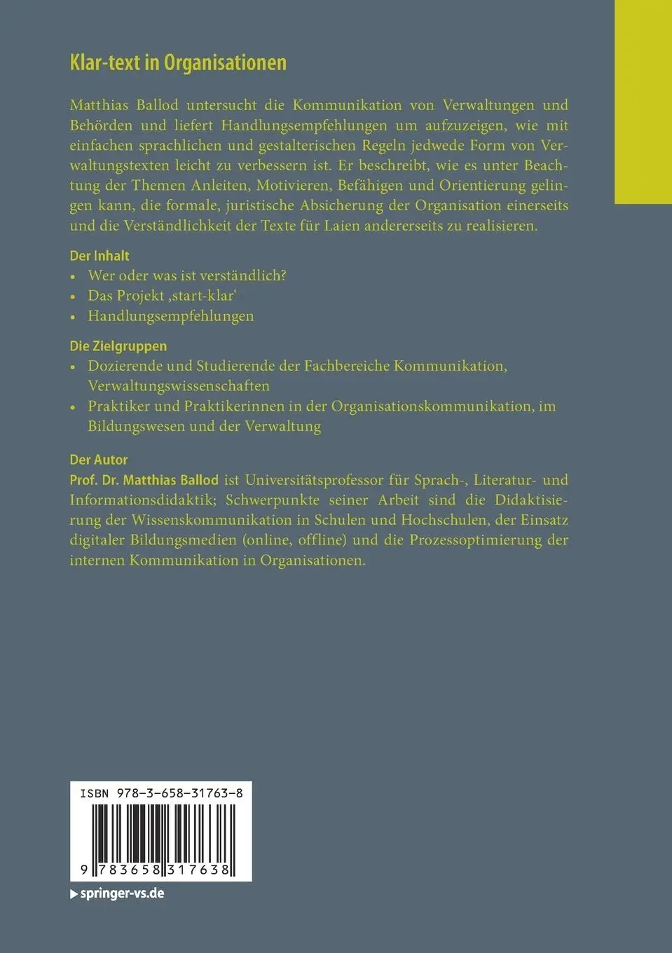 Rückseite: 9783658317638 | Klar-text in Organisationen | Matthias Ballod | Taschenbuch | xi