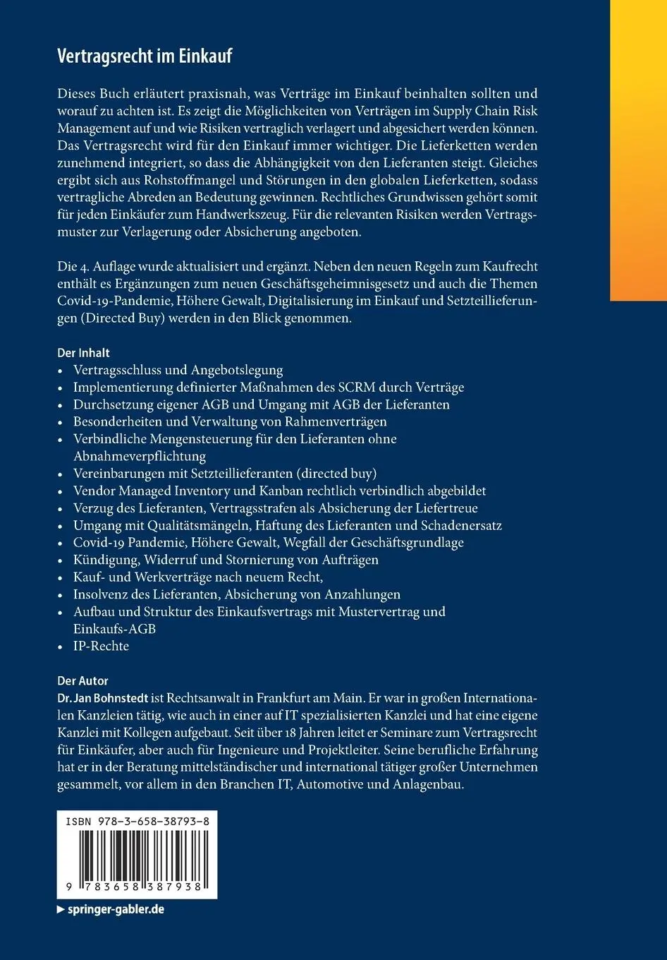 Rückseite: 9783658387938 | Vertragsrecht im Einkauf | Jan Bohnstedt | Taschenbuch | XIII | 2022