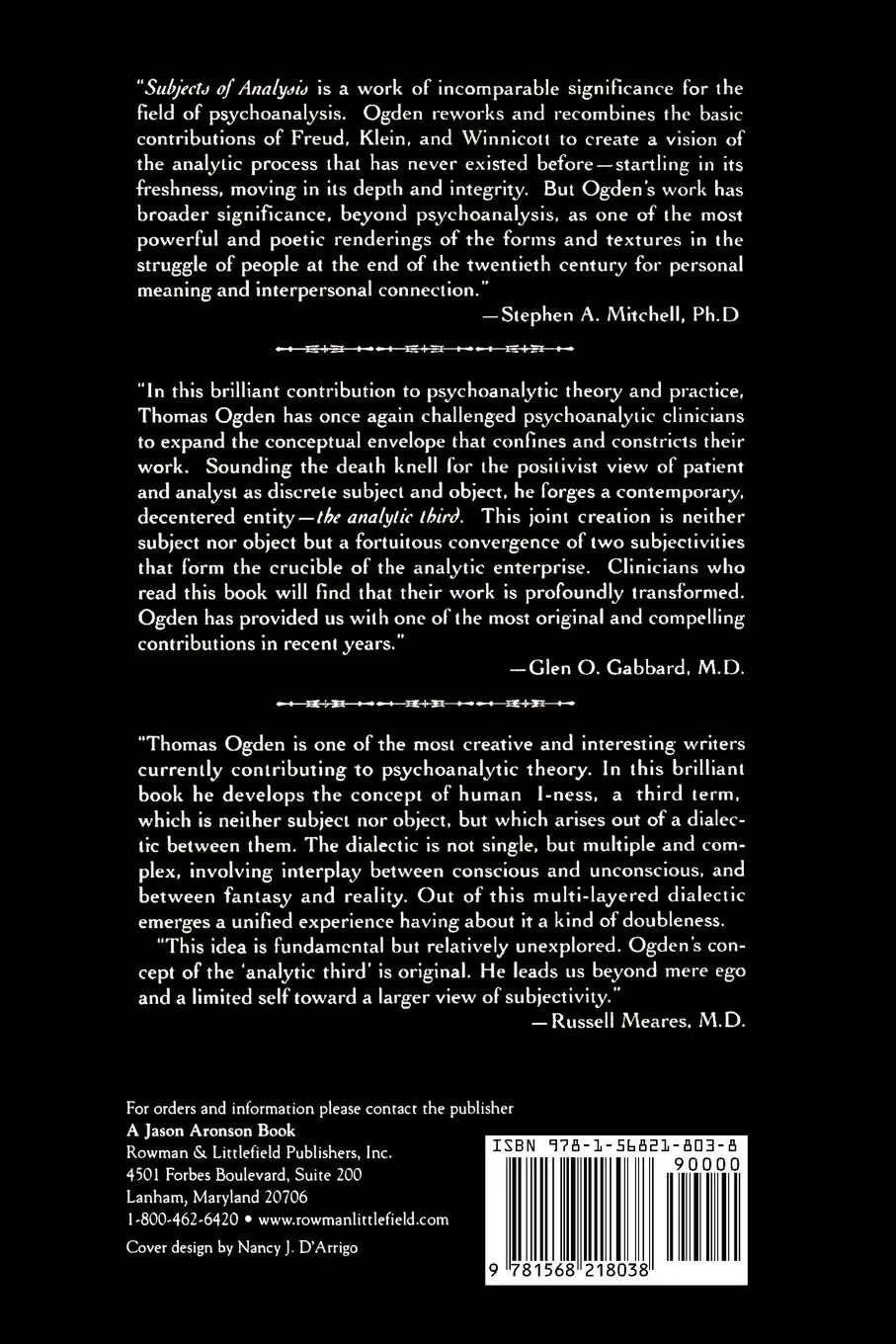 Rückseite: 9781568218038 | Subjects of Analysis | Thomas H. Ogden | Taschenbuch | Englisch | 1977