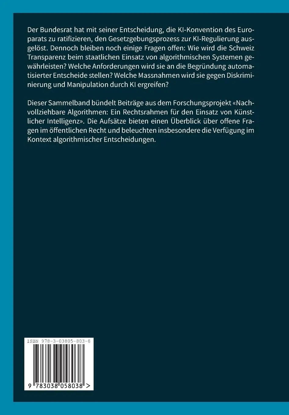 Rückseite: 9783038058038 | Ein Rechtsrahmen für KI in der Schweiz: Perspektive öffentliches Recht