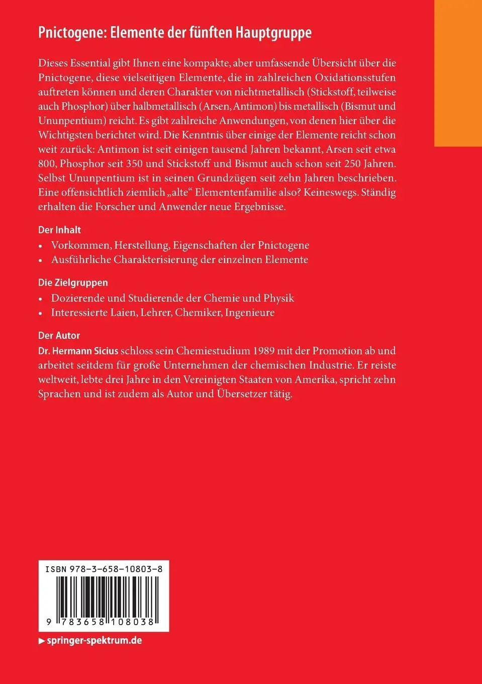 Rückseite: 9783658108038 | Pnictogene: Elemente der fünften Hauptgruppe | Hermann Sicius | Buch