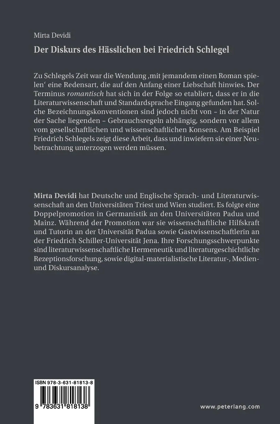 Rückseite: 9783631818138 | Der Diskurs des Hässlichen bei Friedrich Schlegel | Mirta Devidi