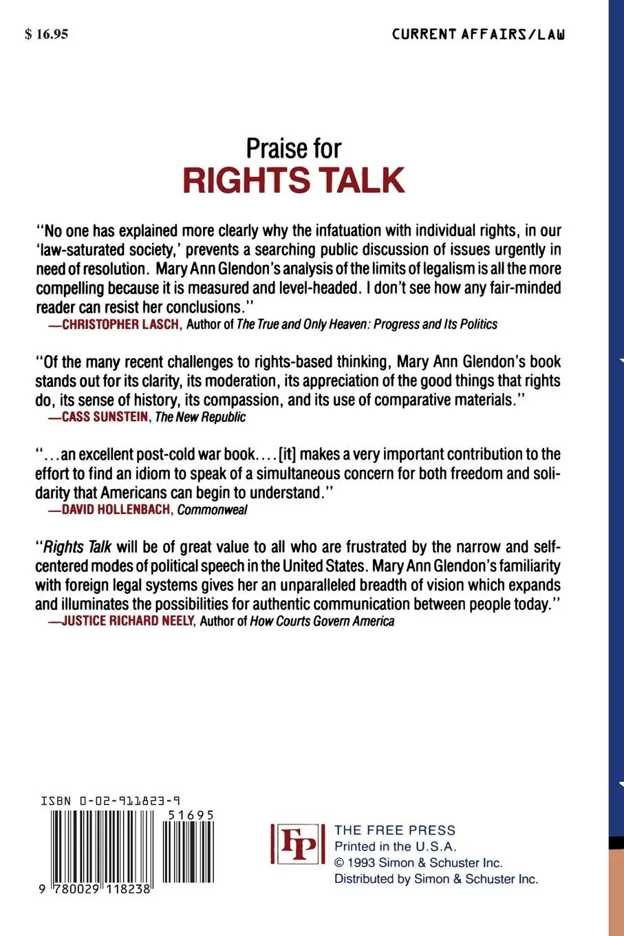 Rückseite: 9780029118238 | Rights Talk | Mary Ann Glendon | Taschenbuch | Kartoniert / Broschiert