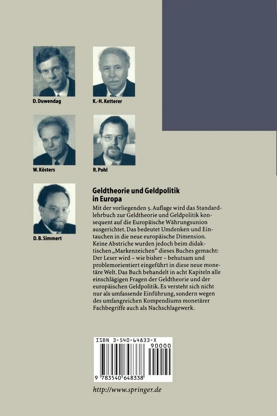 Rückseite: 9783540648338 | Geldtheorie und Geldpolitik in Europa | Dieter Duwendag (u. a.) | Buch