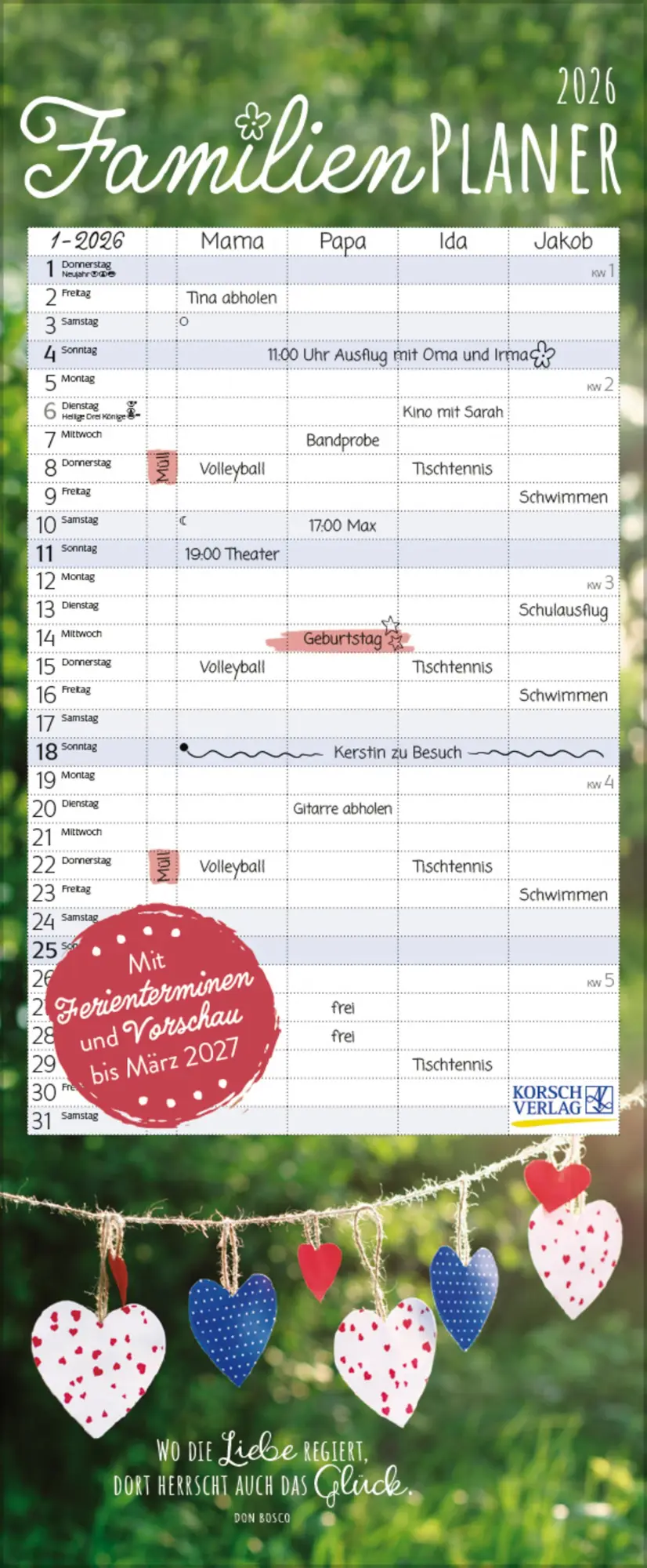 Cover: 9783731888338 | Familienplaner mit Fotos und Zitaten 2026 | Verlag Korsch | Kalender