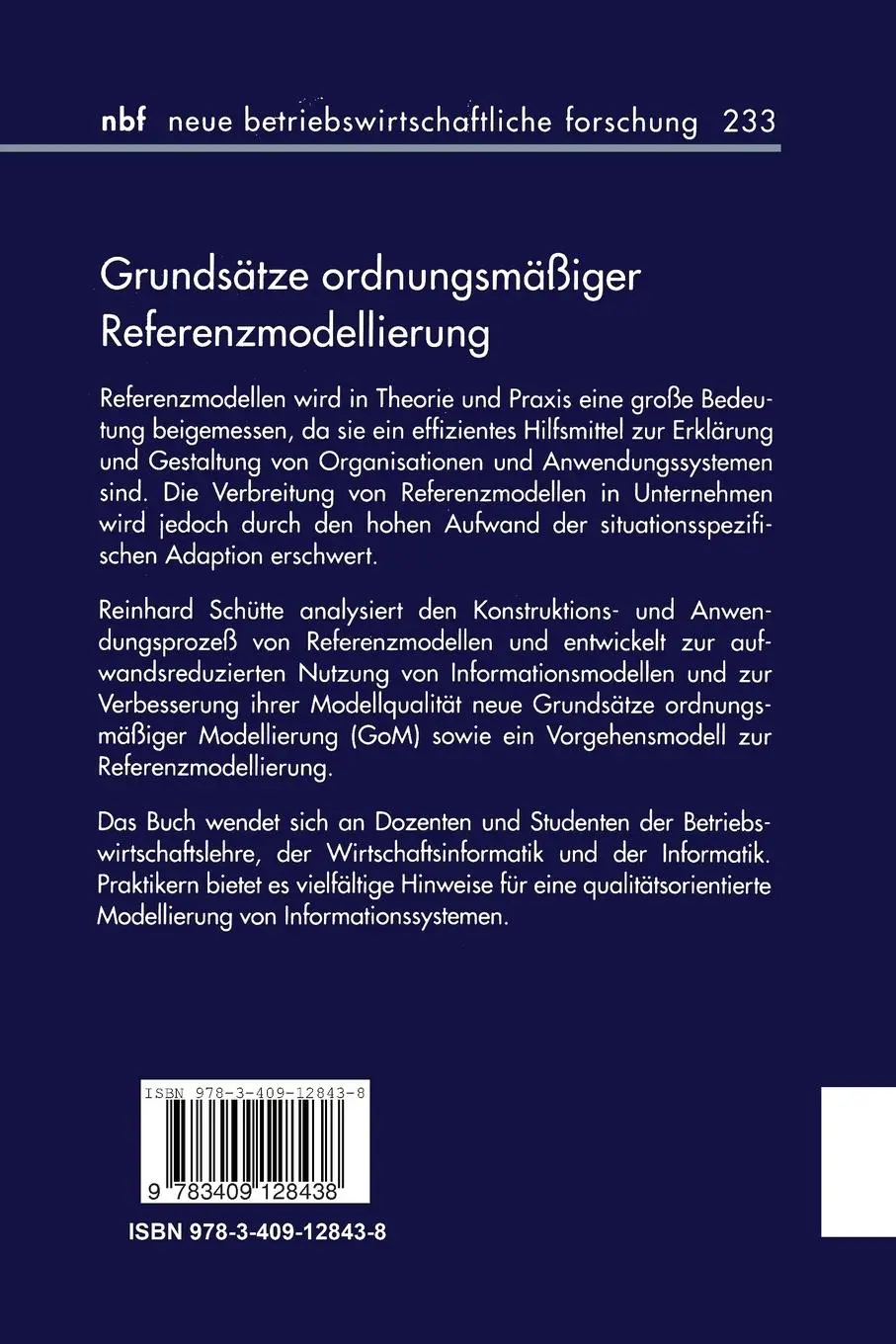 Rückseite: 9783409128438 | Grundsätze ordnungsmäßiger Referenzmodellierung | Reinhard Schütte
