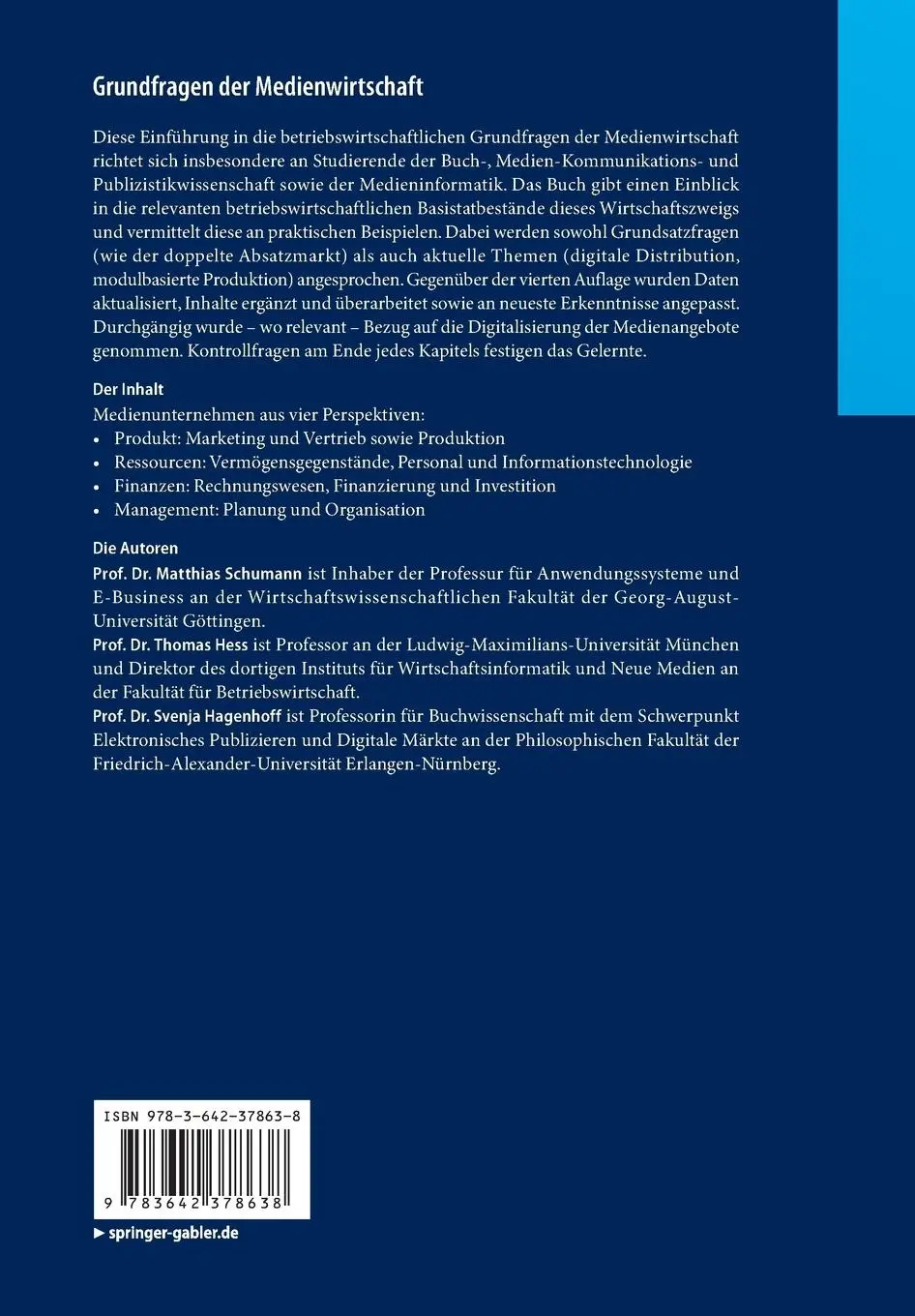 Rückseite: 9783642378638 | Grundfragen der Medienwirtschaft | Matthias Schumann (u. a.) | Buch