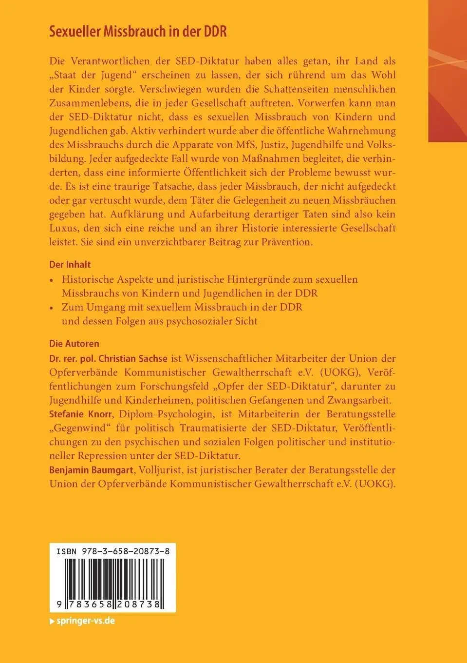 Rückseite: 9783658208738 | Sexueller Missbrauch in der DDR | Christian Sachse (u. a.) | Buch