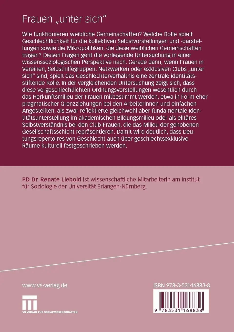 Rückseite: 9783531168838 | Frauen "unter sich" | Renate Liebold | Taschenbuch | 261 S. | Deutsch