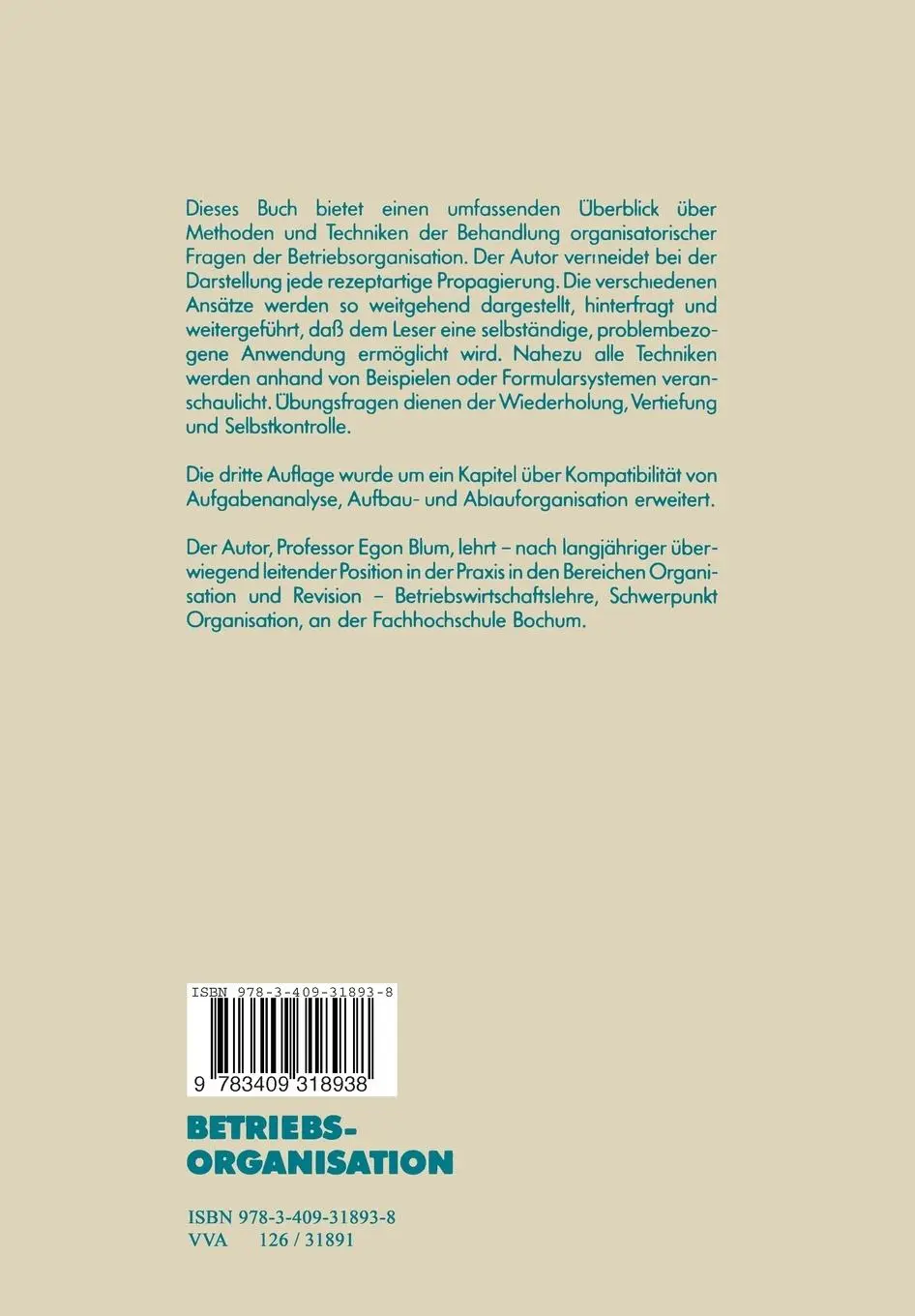 Rückseite: 9783409318938 | Betriebsorganisation | Methoden und Techniken | Egon Blum | Buch