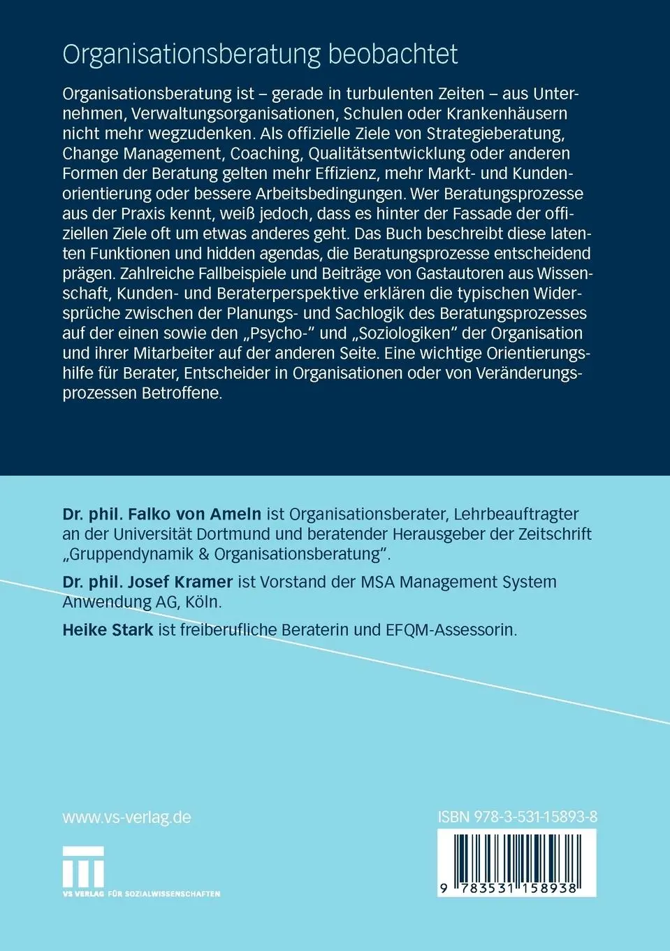 Rückseite: 9783531158938 | Organisationsberatung beobachtet | Hidden Agendas und Blinde Flecke