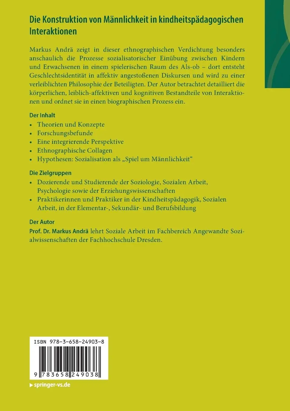 Rückseite: 9783658249038 | Die Konstruktion von Männlichkeit in kindheitspädagogischen...