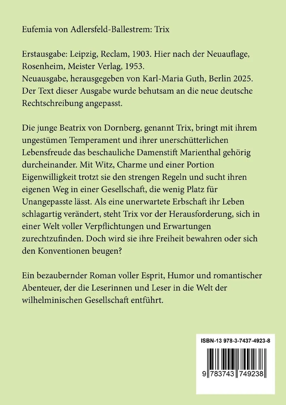 Rückseite: 9783743749238 | Trix | Ein romantischer Schauerroman | Adlersfeld-Ballestrem | Buch