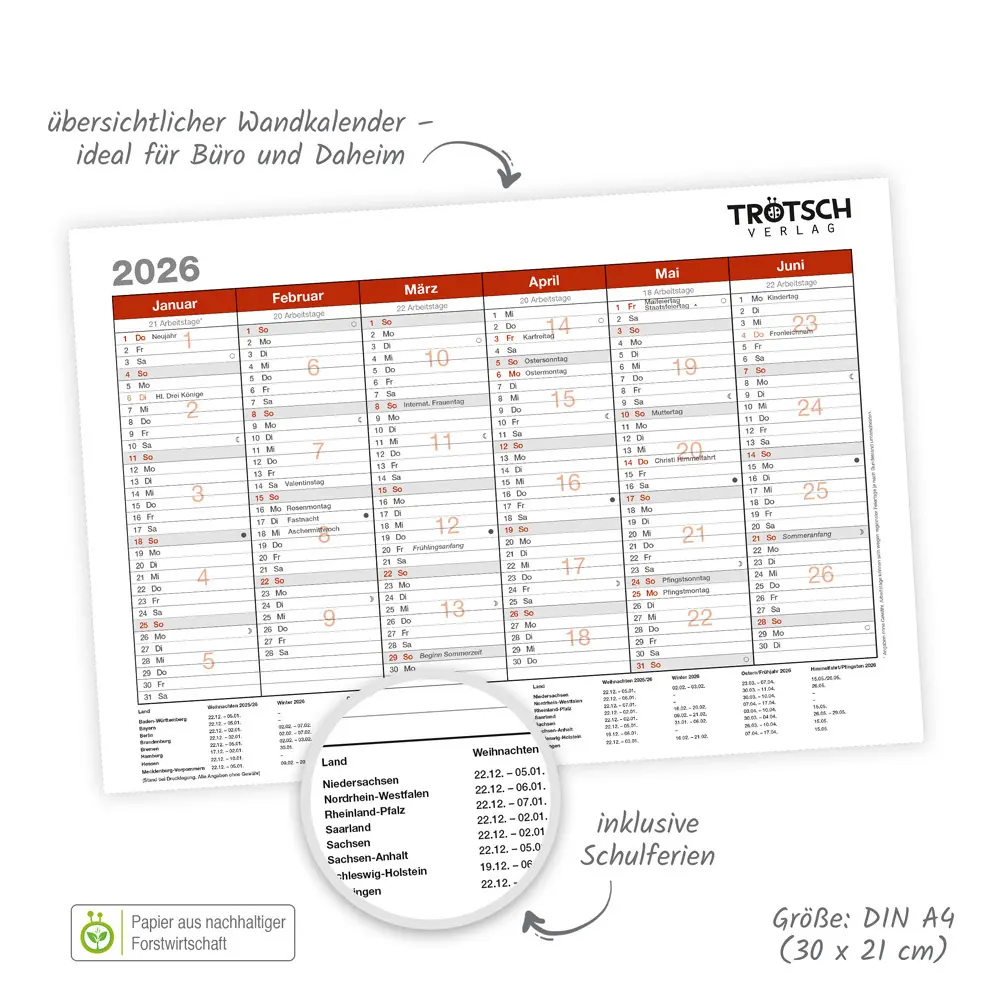 Bild: 4251901509338 | Trötsch Wandtafelplaner A4 2026 | A4 | Trötsch Verlag GmbH &amp; Co.KG