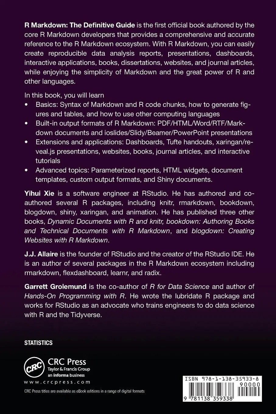 Rückseite: 9781138359338 | R Markdown | The Definitive Guide | Yihui Xie (u. a.) | Taschenbuch