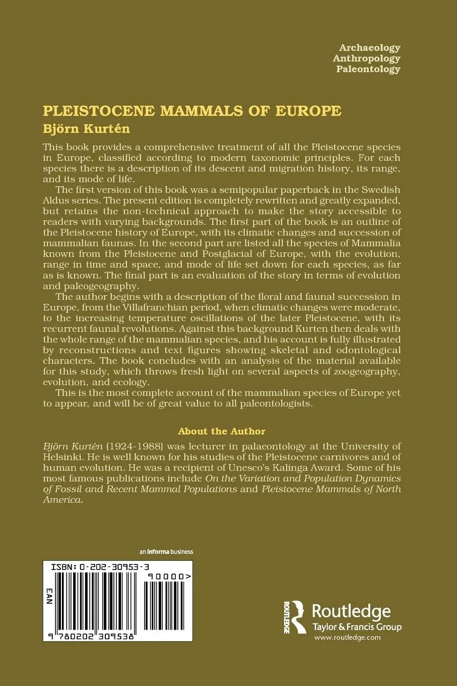 Rückseite: 9780202309538 | Pleistocene Mammals of Europe | Bjorn Kurten | Taschenbuch | Englisch