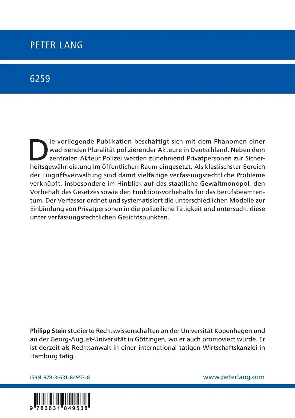 Rückseite: 9783631849538 | Ehrenamtliche Polizeihelfer und Hilfspolizeibeamte | Philipp Stein