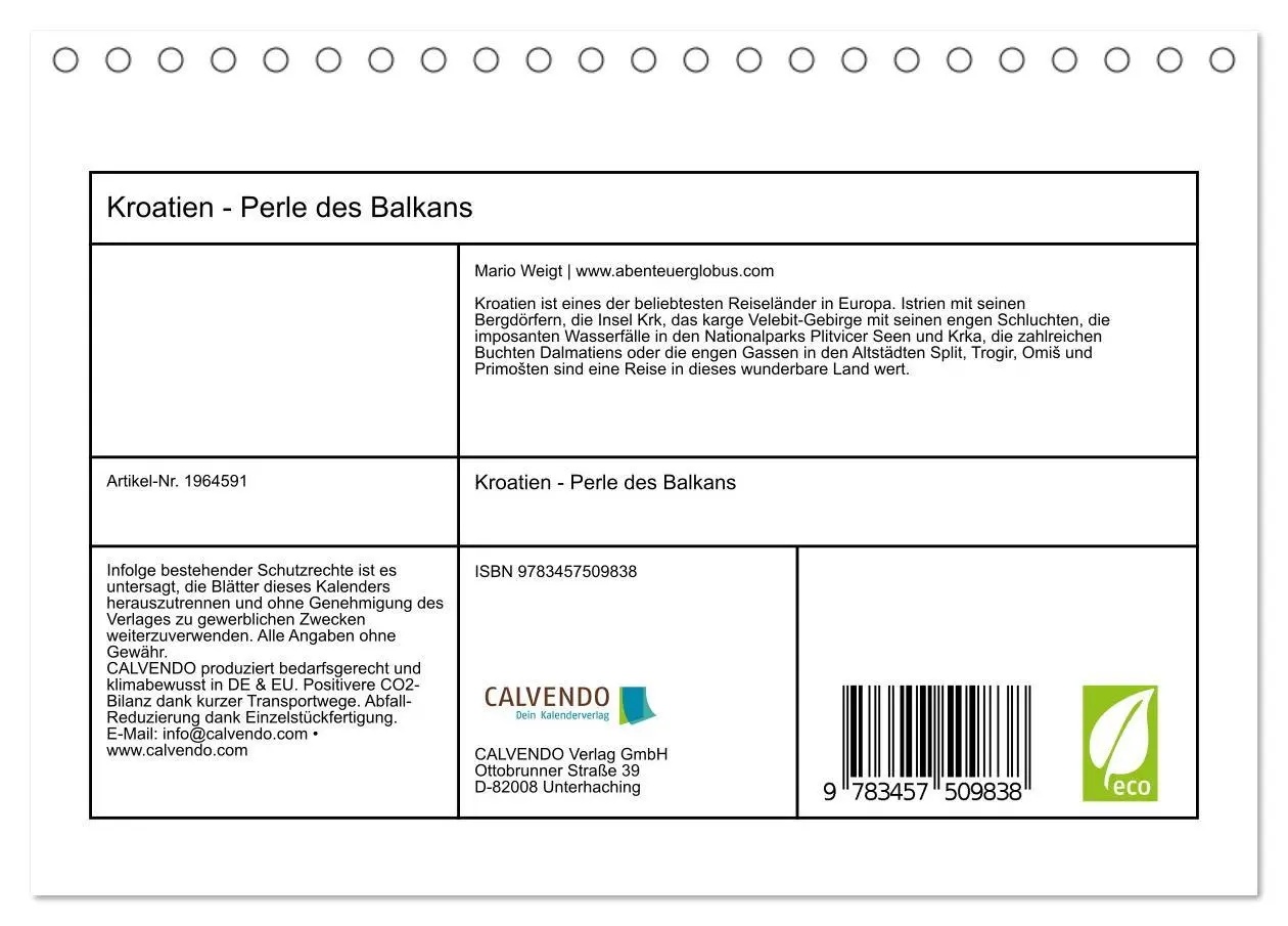Bild: 9783457509838 | Kroatien - Perle des Balkans (Tischkalender 2026 DIN A5 quer),...