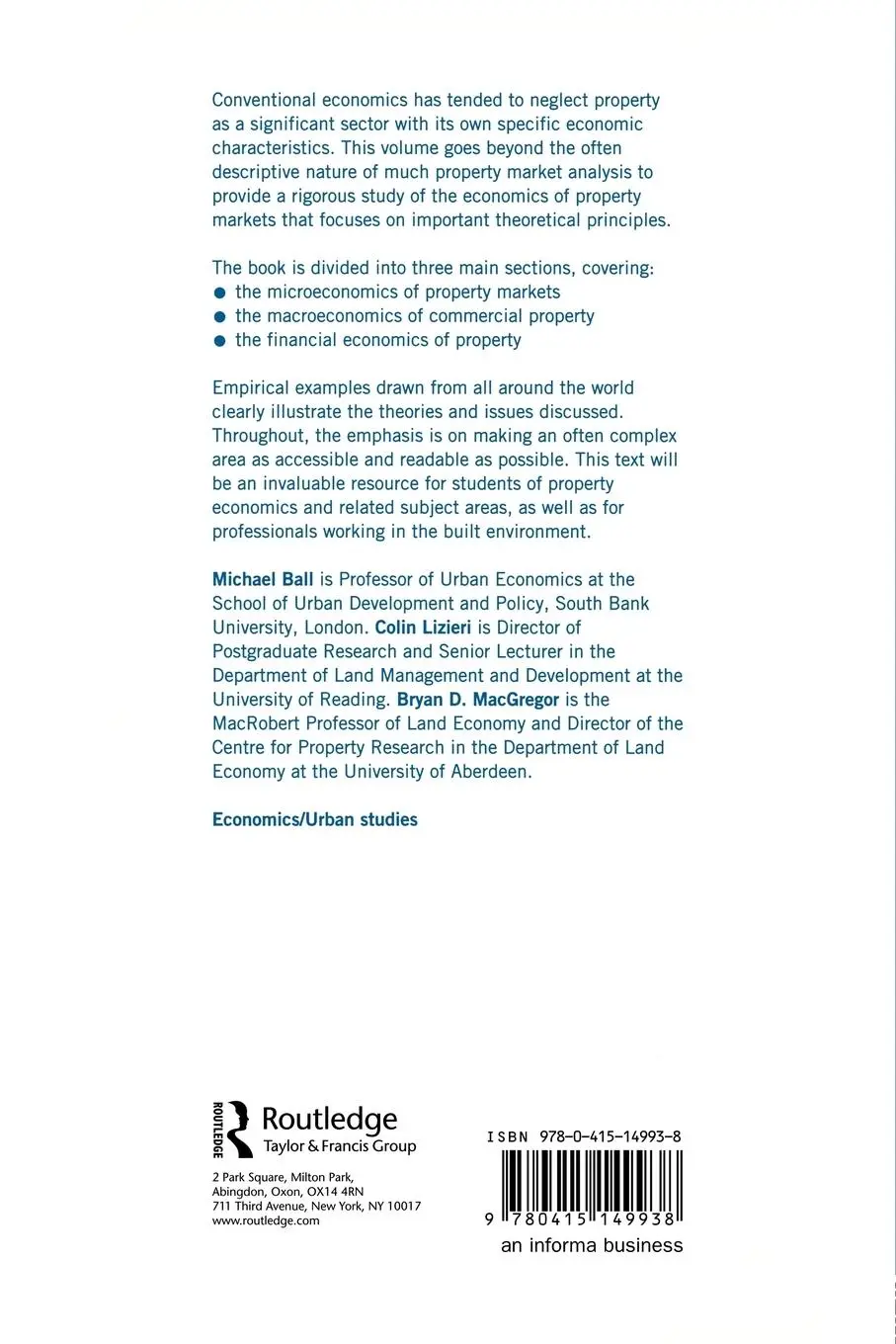 Rückseite: 9780415149938 | The Economics of Commercial Property Markets | Michael Ball (u. a.)