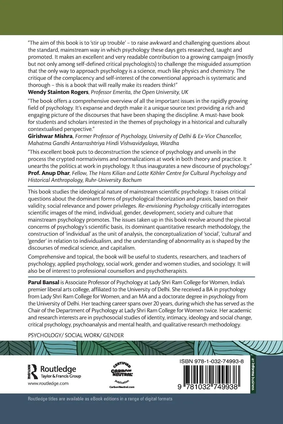 Rückseite: 9781032749938 | Re-envisioning Psychology | Debating Paradigmatic Foundations | Bansal