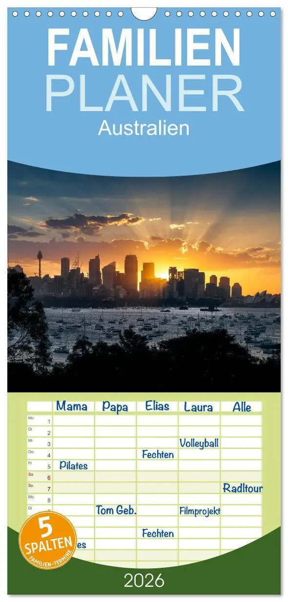 Cover: 9783516519938 | Familienplaner 2026 - Australien mit 5 Spalten (Wandkalender, 21 x...