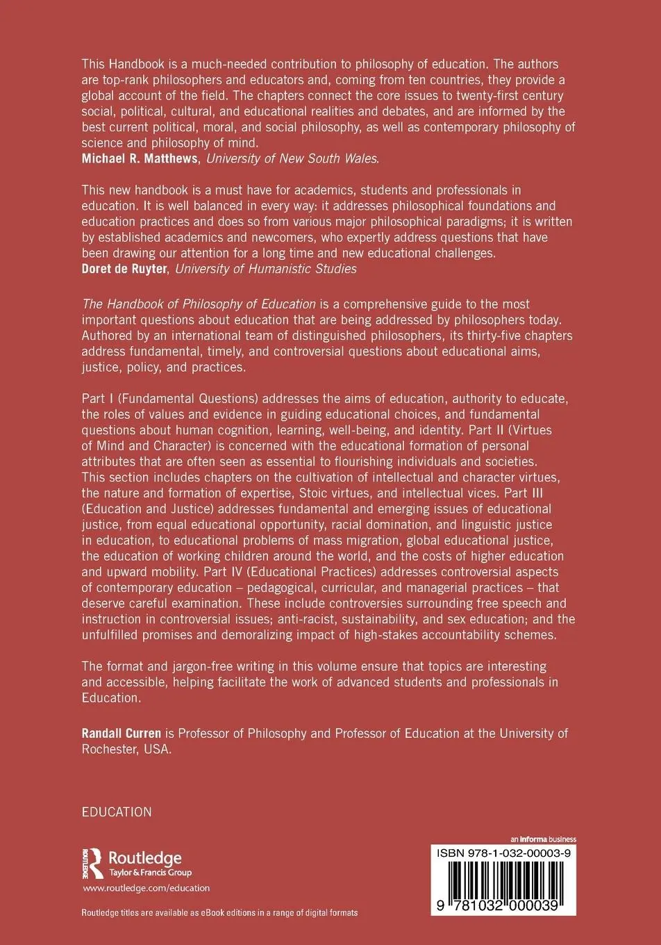 Rückseite: 9781032000039 | Handbook of Philosophy of Education | Randall Curren | Taschenbuch